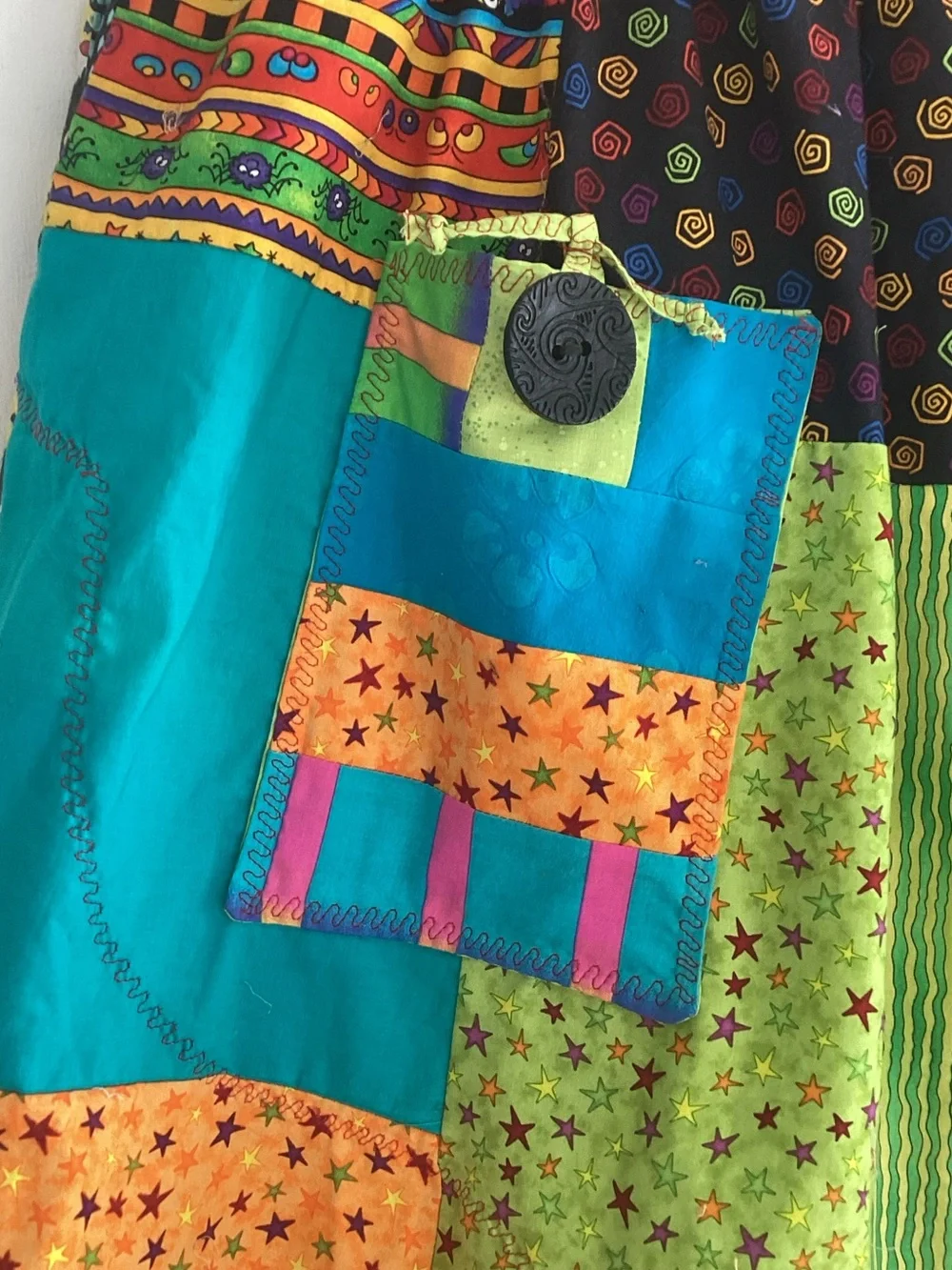 Upcycle Annie patchwork side /front pocket cotton tiered ruffle midi skirt. M-L